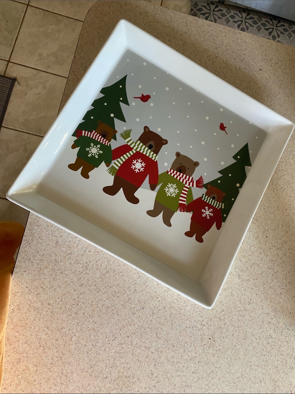 Crate&Barrel Christmas holida Bear Square Serving Platter with Red & Green